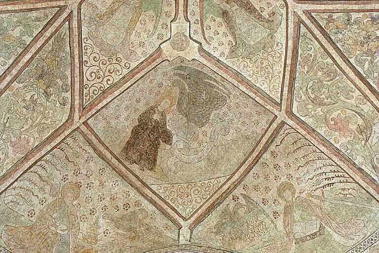 Nederluleå kyrka, kalkmålning i korvalvet, evangelisten Johannes med sin symbol örnen, aposteln Petrus.