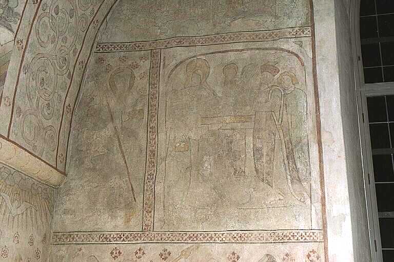 Nederluleå kyrka, kalkmålning, södra väggen, t.v. Sankt Antonius, t.h. Frambärandet i templet.
