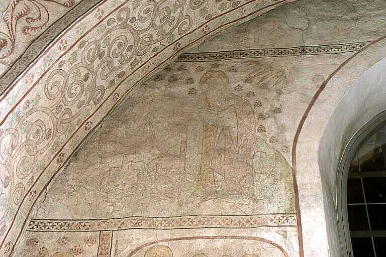 Nederluleå kyrka, kalkmålning, södra väggen, Joakims och Annas möte vid Gyllene proten.