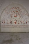 Lau kyrka. Kalkmålning på långhusets västvägg. Scener med bl a Nådastolen och apostlarna