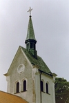 Häggums kyrka, torn med tvärställt sadeltak och takryttare. Neg nr 02/156:23.jpg