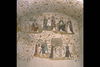Tensta kyrka, kalkmålning i långhusets västra travé, scener ur Sankta Birgittas liv,  av Johannes Rosenrod.. 
