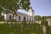 Kyrkan med omgivande kyrkogård sedd från nordost.