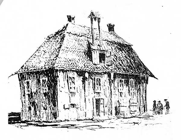 Illustration av Luleå gamla rådhus, byggt på 1690-talet. Ur: "Luleå kommuns historia - Från istid till 1750" 1992, Norrbottens museum.