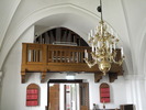 Skabersjö kyrka, läktarbalkong och orgel i västra delen av långhuset.