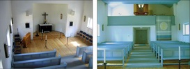 Interiören i kapellet uppvisar en karaktärsfull enkelhet. Den dämpade färgskalan tillsammans med den
sparsamma utsmyckningen är talande för rummet och dess funktion.
