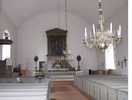 Västra skedvi kyrka, interiör, kyrkorummet med altargåmg, bänkrader, kor och altare. 