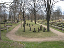 Kyrkogårdens mittersta och lägst belägna del med kvarter 5 avgränsat av trädkantade gångar. Bild mot
öster.