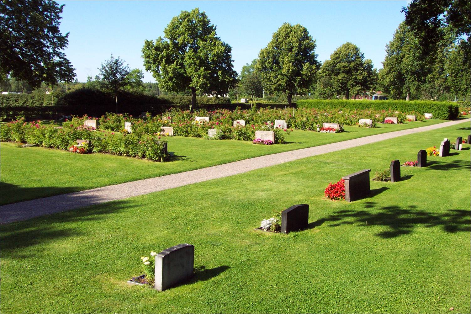 Den Södra kyrkogården som kom till 1941 präglas av tidstypiska låga och breda gravvårdar.
Omkring 1980 planterades rygghäckar av vresros
