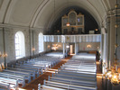 Torps kyrka, interiör, kyrkorummet, vy från predikstolen mot orgelläktaren i öster. 