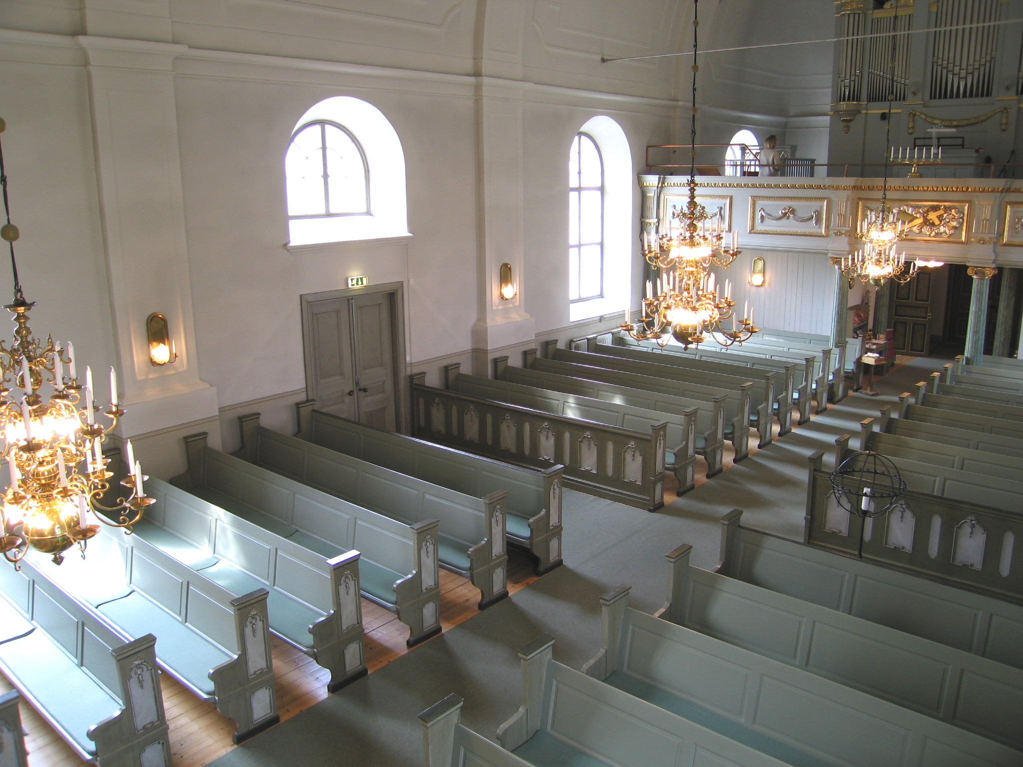 Högsjö kyrka, interiör, kyrkorummet, vy mot läktaren från predikstolen. 