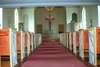 Östra Tunhems kyrka interiör mittgången, bänkar och kor. Negnr 01/265:19