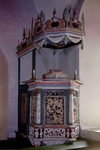 Marka kyrka interiör predikstol och ljudtak. Neg 01/276:31
