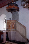 Sörby kyrka interiör predikstol och ljudtak. Negnr 01/281:20