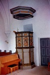 Tiarps kyrka interiör predikstol och ljudtak. Negnr 01/280:13
