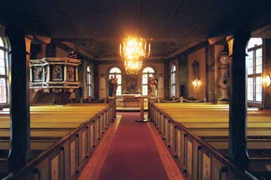 Långhuset i Mossebo kyrka sett mot koret, från V.
