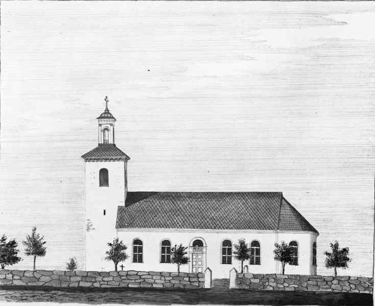 Kyrkan mot syd. Avfotograferad ur Ihrfors:Smolandia Sacra, s. 309