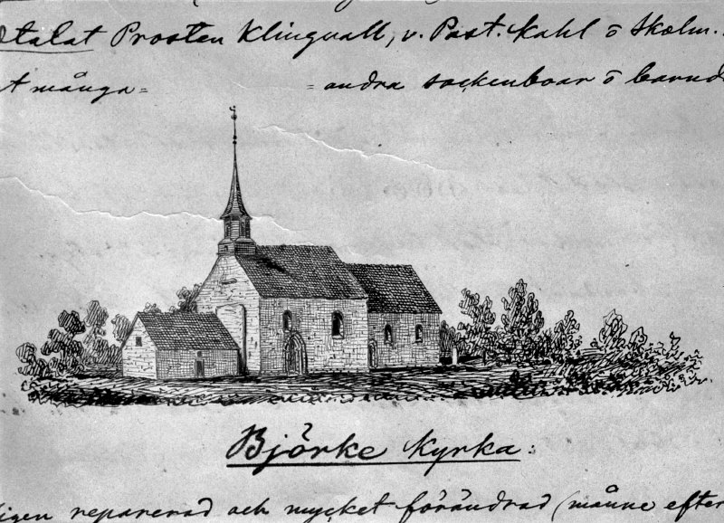 Björke kyrka från sydväst. Teckning ur P. A. Säves Berättelser för år 1864.