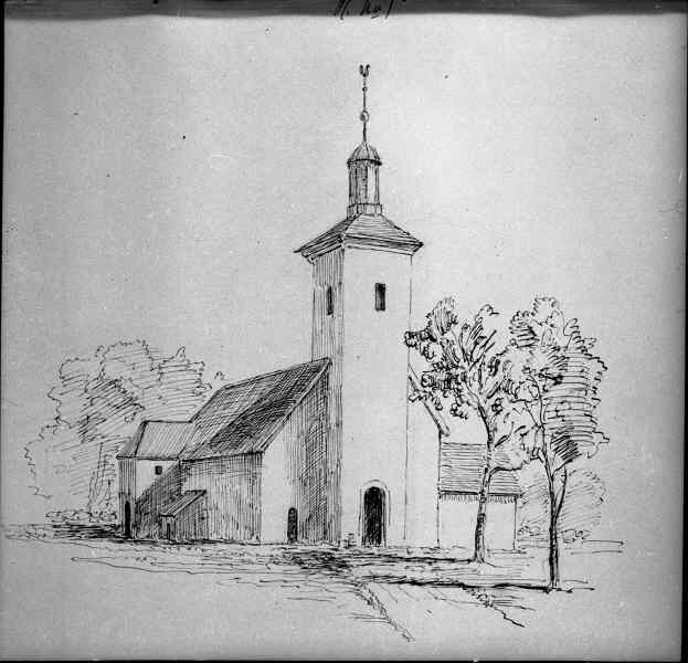 Foto av teckning av kyrkan mot nordväst. Av O. Hermelin, Åkers Härad I, Antikvarisk-Topografiska arkivet.
