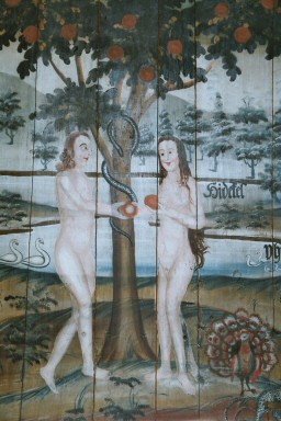 Målning av Johan Kinnerus i Brandstorps kyrka, föreställande Syndafallet. Neg.nr. 04/177:19. JPG.