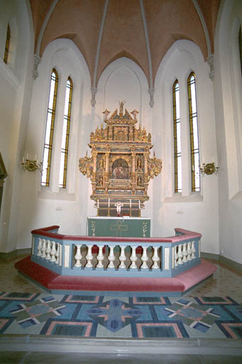 Alfshögs kyrka, interiör. Vy över kor.