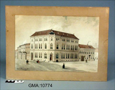 Byggnaden som hyste Göteborgs handels- och Sjöfartstidning och dess tryckeri. Fotografi avbildar Ludvig Messmans akvarellmålning från 1876 kort efter byggnadens uppförande.