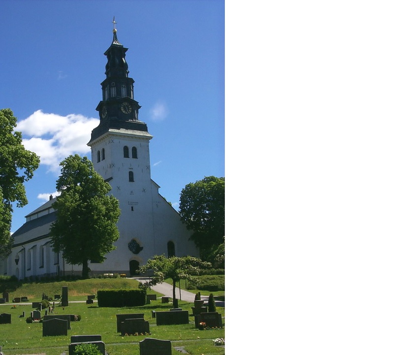 Köpings kyrka, exteriör bild över kyrkan med västtorn och omgivande kyrkogård. 