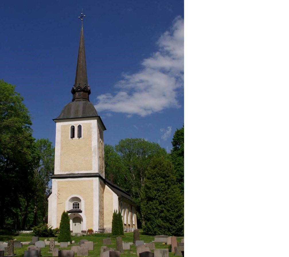 Himmeta kyrka, exteriör bild av kyrkan med västtornet och omgivande kyrkogård. 