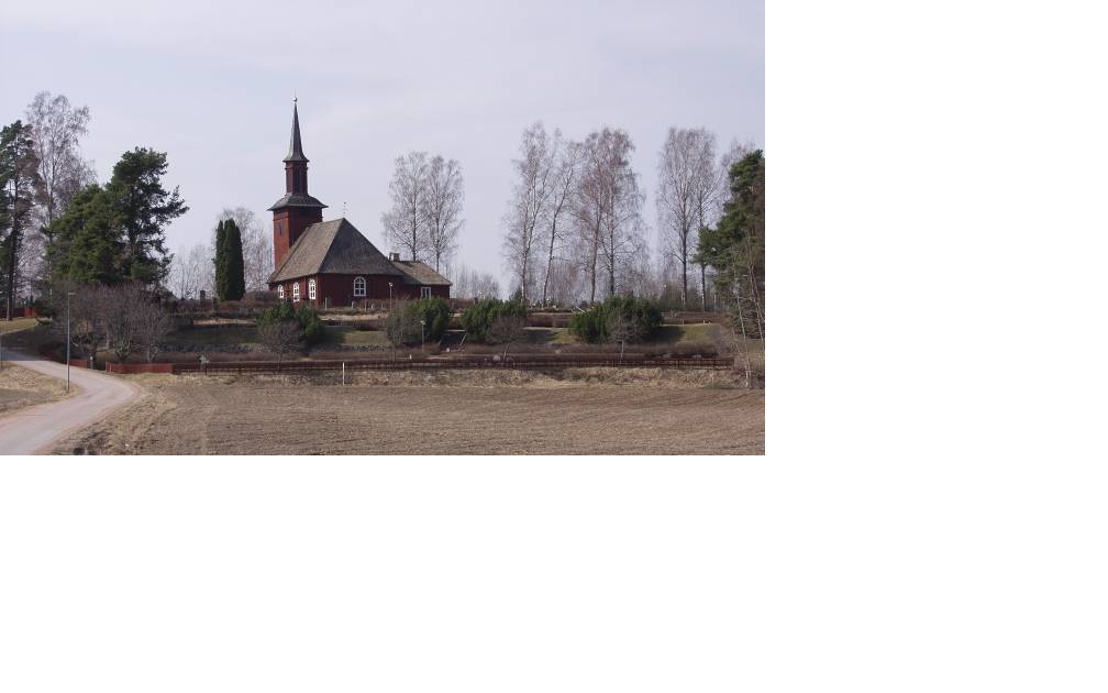 Hosjö kyrka med omgivande kyrkogård sett från öster.