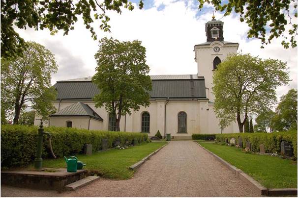 Alfta kyrka sedd från norr. De släta odekorerade murarna och det brutna valmade taket är typiska för tidens nyklassicistiska stil. 