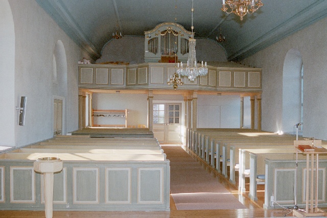 Segerstads kyrka interiör västparti med orgelläktare. Negnr 01/282:32a