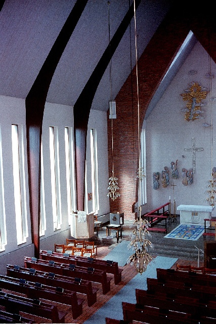Mössebergs kyrka interiör kor och långhus från läktaren. Negnr 01/275:33a
