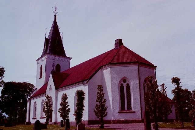 Norra Åsarps kyrka exteriör sydöstvy. Negnr 01/268:28a
