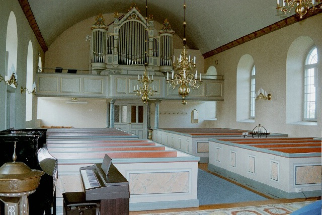 Stenstorps kyrka interiör långhus och orgelläktare. Negnr 01/269:16a