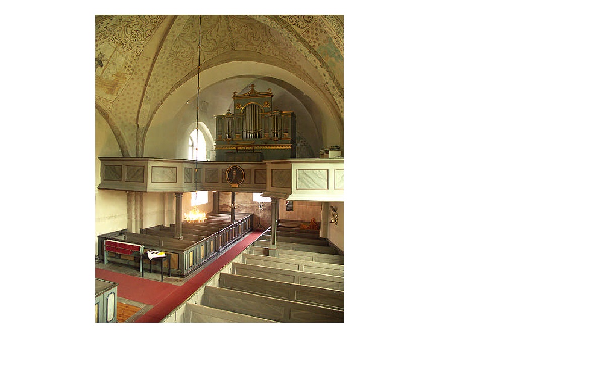 Läktaren från nordost. Orgelfasaden är den ursprungliga från 1838. Över läktaren är det
medeltida valvet ersatt av ett kryssvalv i s k gratteknik.
