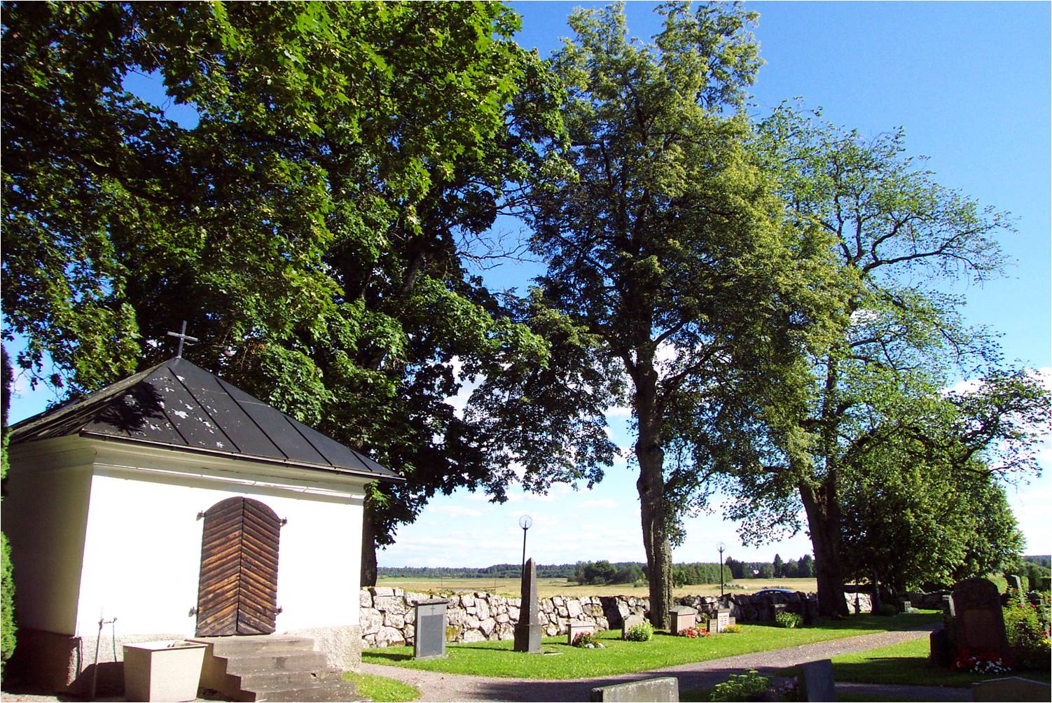Det före detta gravkoret och trädkransen på den äldre kyrkogårdsdelen
