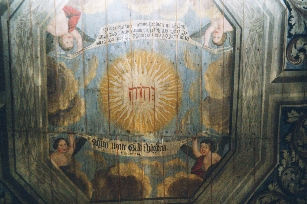 Norra Kedums kyrka. Plafondmålning  från 1744 i koret. Neg.nr 03/142:24
