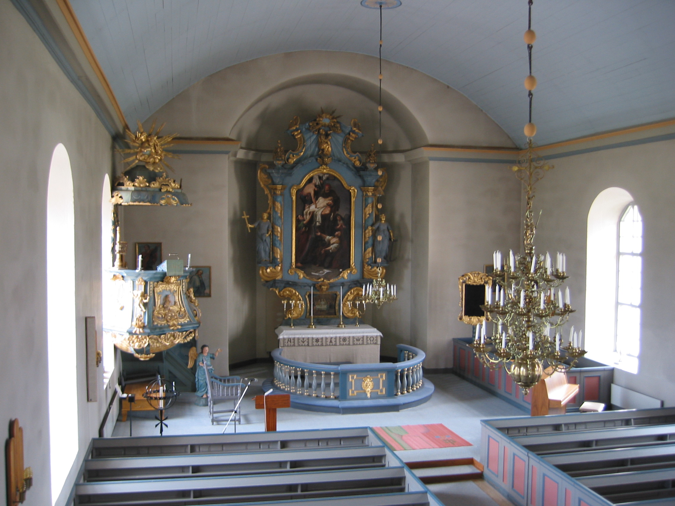 Myssjö kyrka, interiör, kyrkorummet, vy mot koret från läktaren.