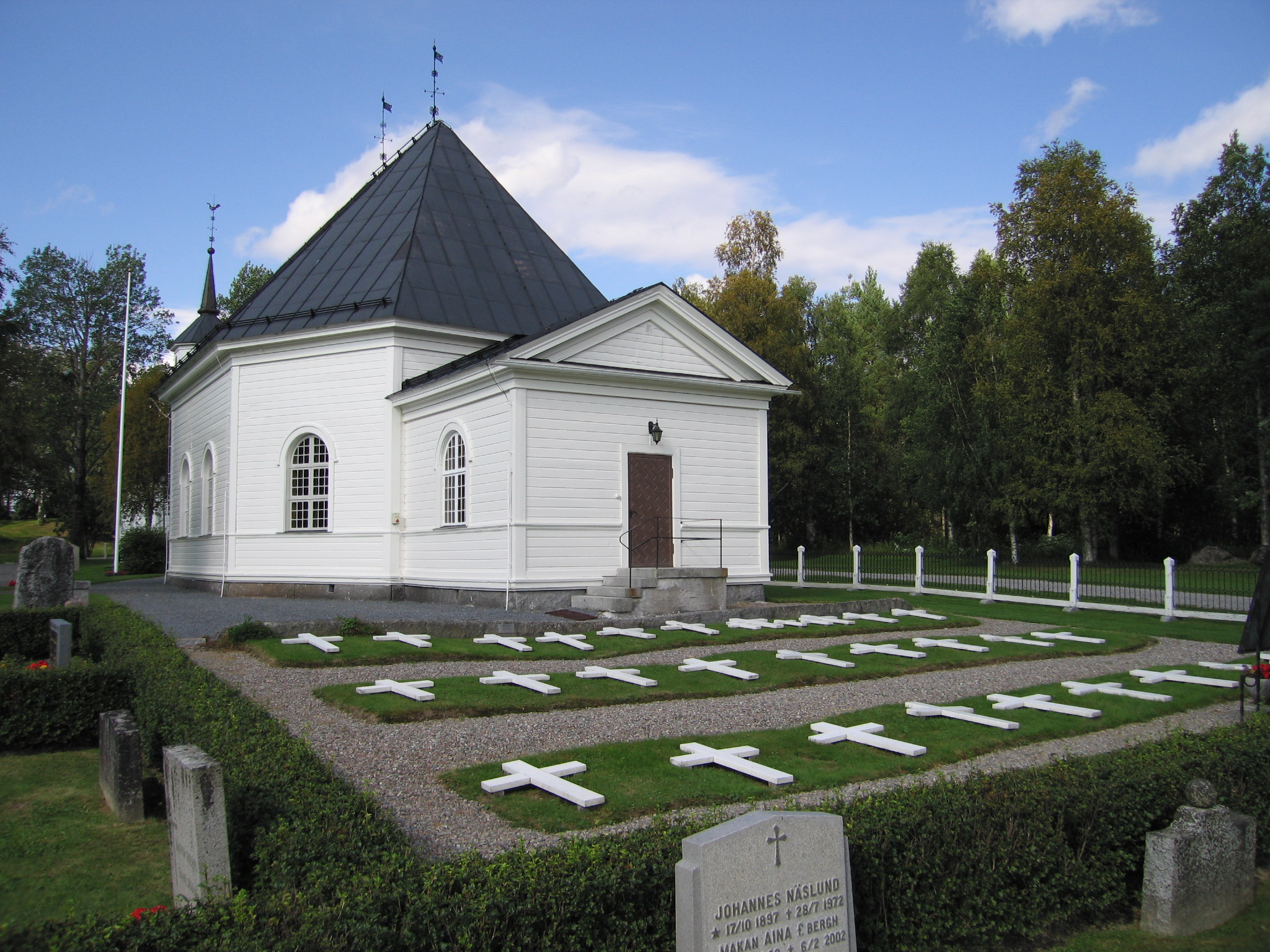 Graninge kyrka med omgivande kyrkogård, vy från sydöst. 