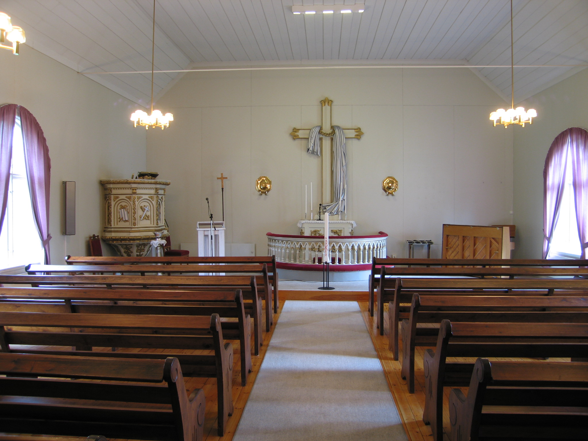 Skede kapell, interiör, kapellsalen, vy från väster mot koret. 