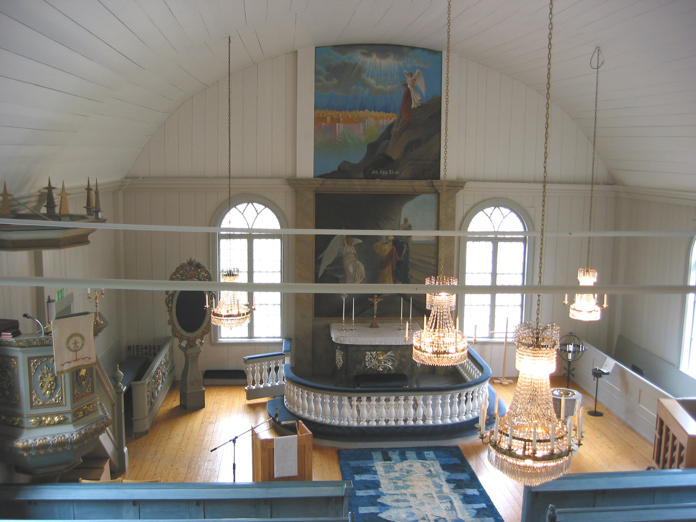 Trehörningsjö Kyrka, interiör, kyrkorummet, vy av koret från läktaren.