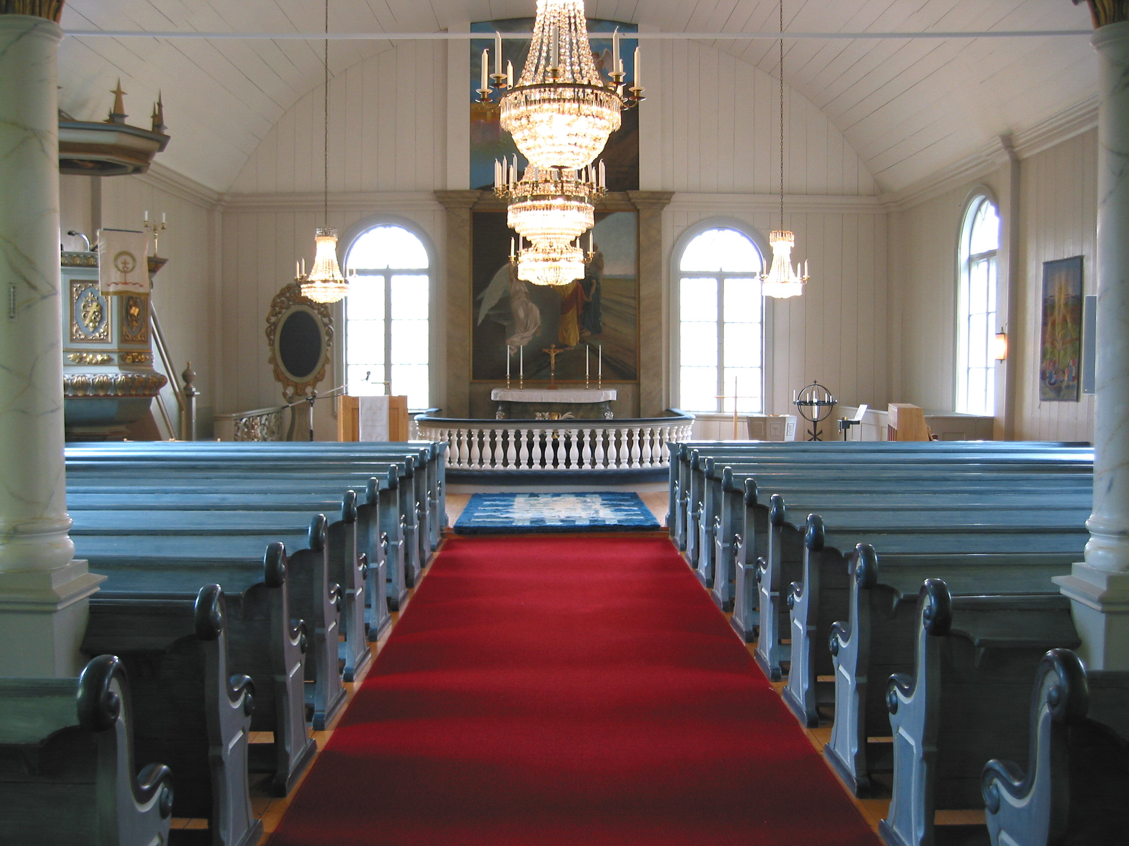 Trehörningsjö Kyrka, interiör, kyrkorummet, vy mot koret.