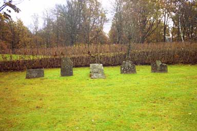 Äldre gravstenar på begravningsplatsen nordöst om Mossebo kyrka, från V.
