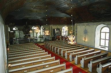 Långhuset i Sätila kyrka sett från läktaren mot koret i öster, från NV.