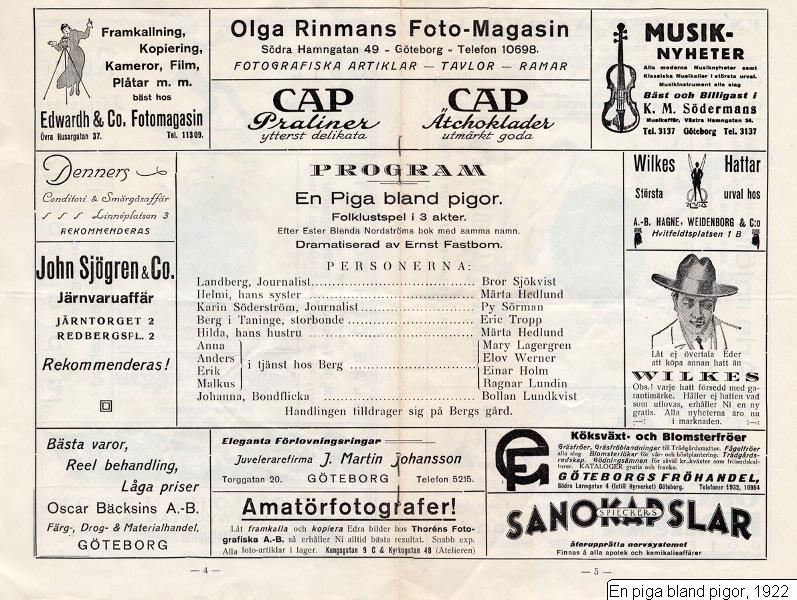 Program för uppsättningen av 'En piga bland pigor' på Lilla Teatern år 1922. Detta var premiären för Viran Rydkvist och Lilla Teatern på adressen Kungsgatan 15.