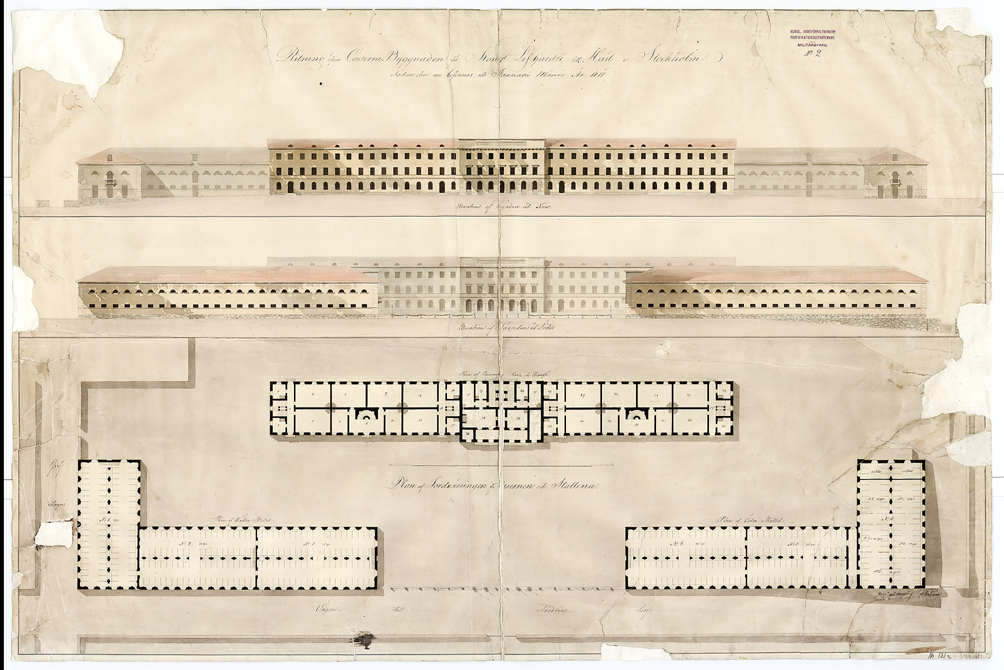 Fredrik Bloms fasad- och planritning för Livgardets till häst kaserner från år 1818.