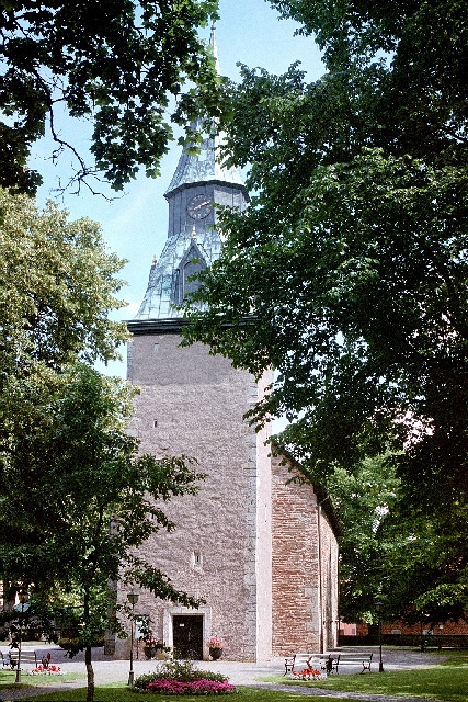 St Olofs kyrka exteriör västvy med torn. Negnr 01/275:7a